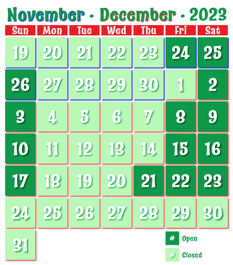 Calendar showing the dates that A Frosty Fest is open for the 2022 season